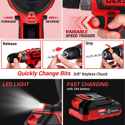 DEKOPRO Red 20V Cordless Drill Tool Kit Set | Battery-Powered Drill Driver & Tools Case
