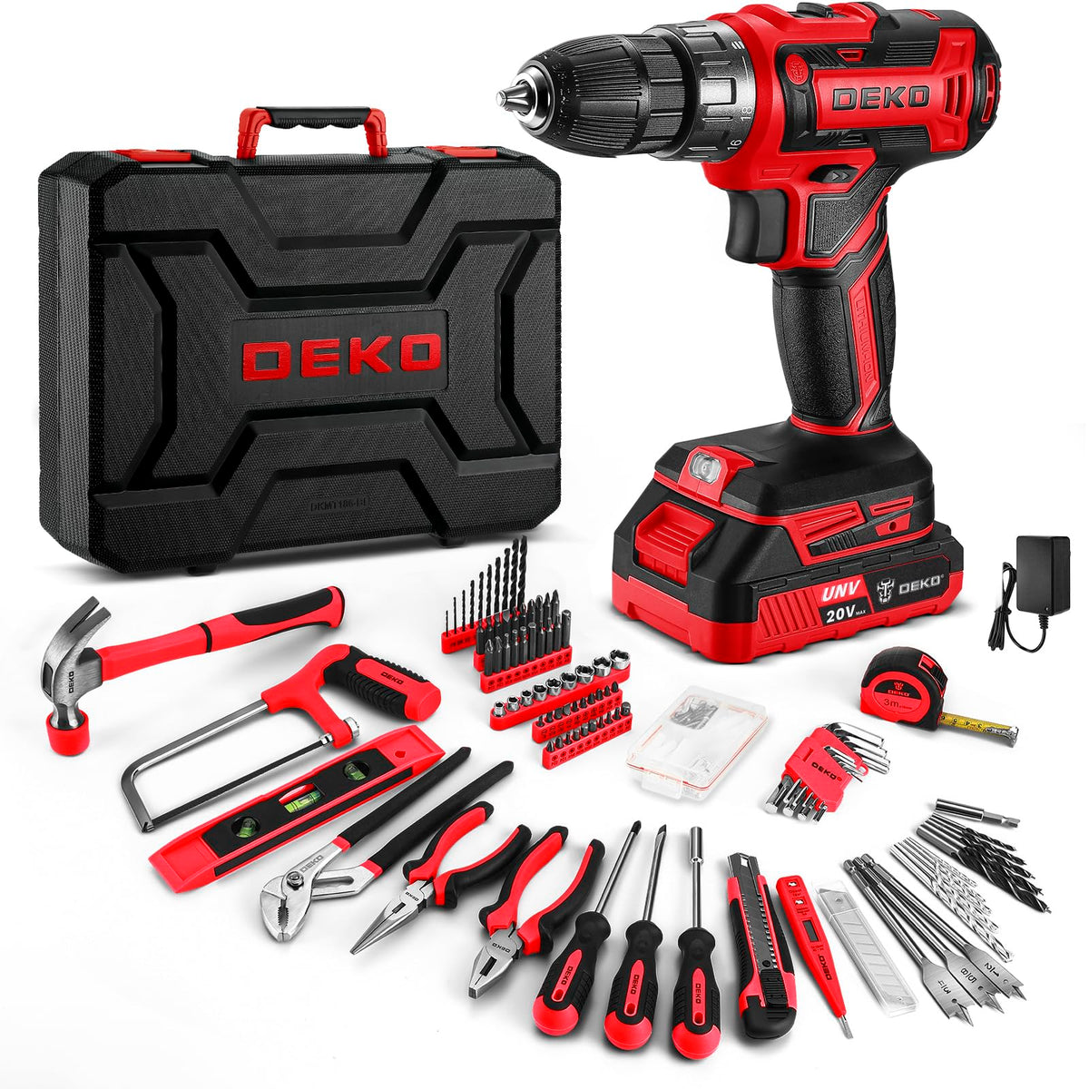DEKOPRO Red 20V Cordless Drill Tool Kit Set | Battery-Powered Drill Driver & Tools Case
