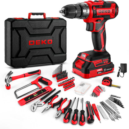 DEKOPRO Red 20V Cordless Drill Tool Kit Set | Battery-Powered Drill Driver & Tools Case