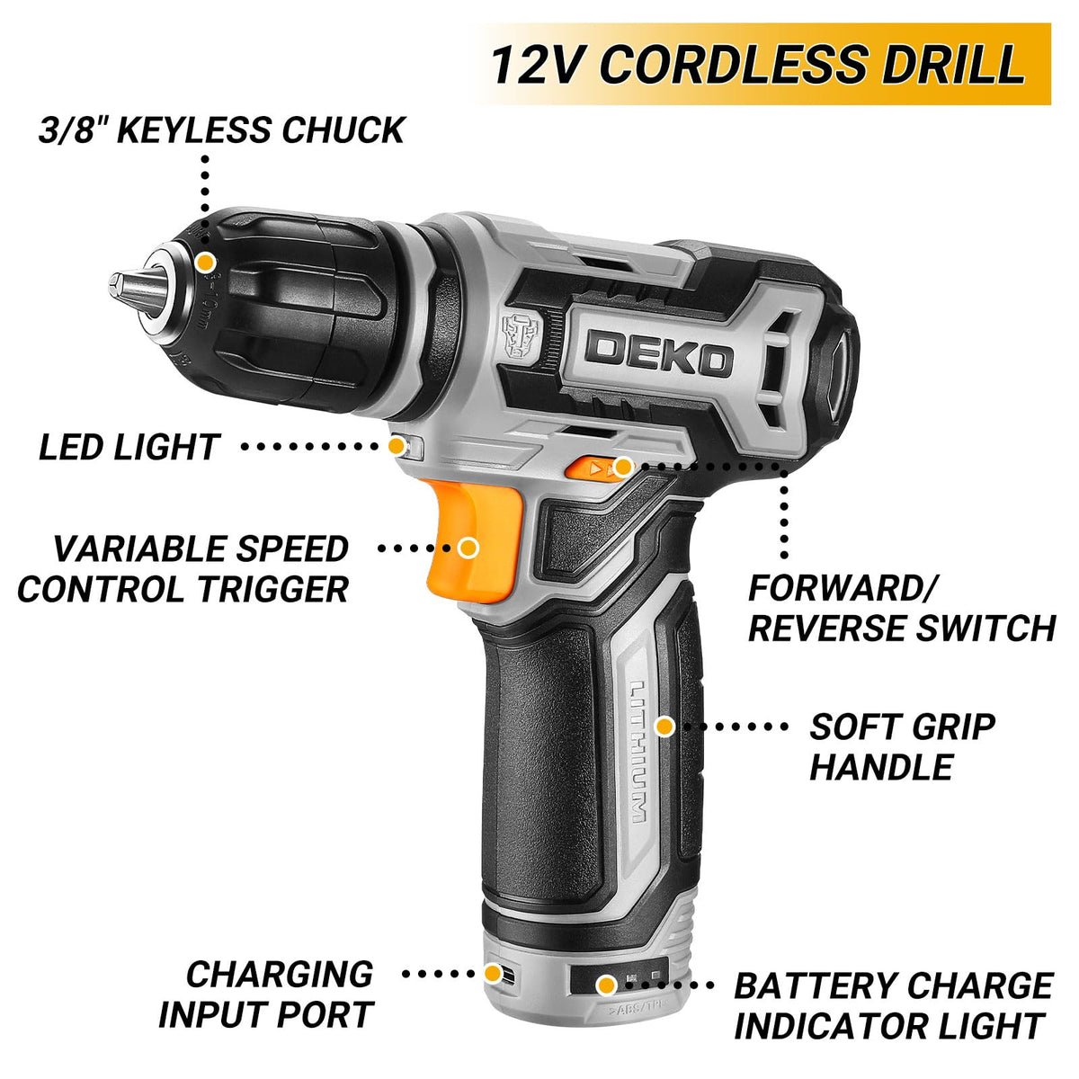 DEKOPRO Tool Kit Box Drill Set – 12V Cordless Drill, 238-Piece Home Mechanic Toolbox