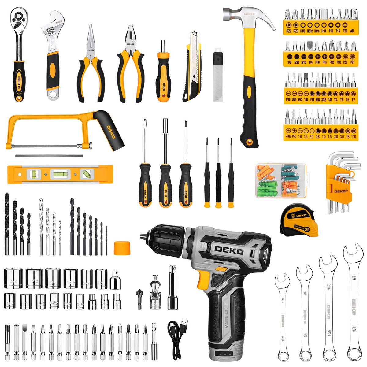 DEKOPRO Tool Kit Box Drill Set – 12V Cordless Drill, 238-Piece Home Mechanic Toolbox