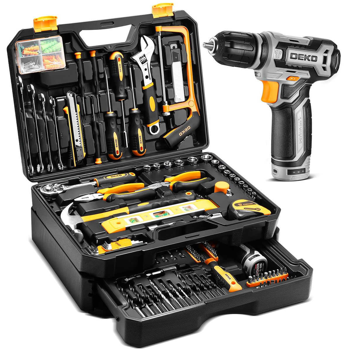 DEKOPRO Tool Kit Box Drill Set – 12V Cordless Drill, 238-Piece Home Mechanic Toolbox