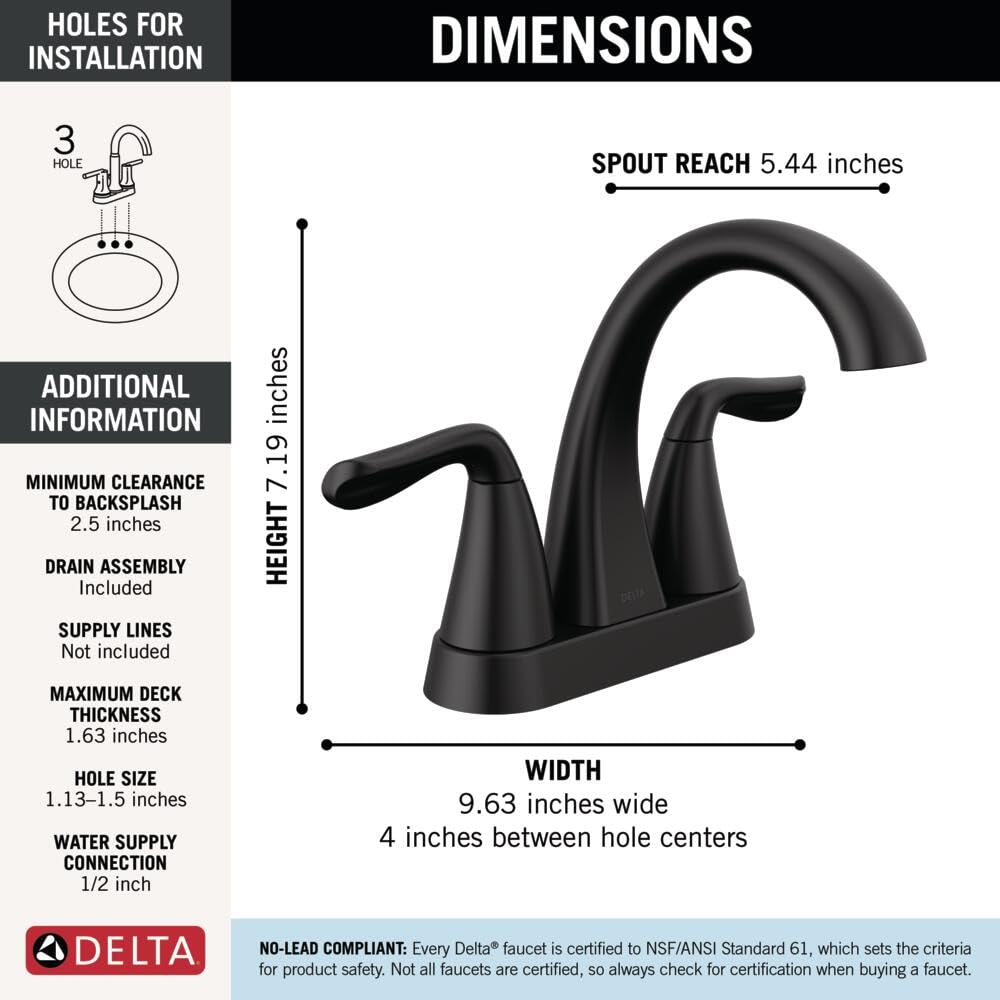Delta Arvo Centerset Matte Black Bathroom Faucet – 2-Handle, 3-Hole 25840LF-BL