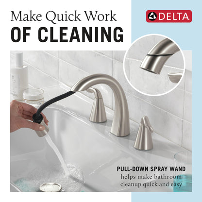 Delta Arvo Brushed Nickel 8-Inch Widespread Faucet with Pull-Down Sprayer | MagnaTite Docking