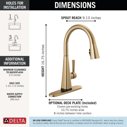 Delta Lenta Brushed Gold Touch Kitchen Faucet with Pull-Down Sprayer | Touch2O, TempSense LED, Champagne Bronze
