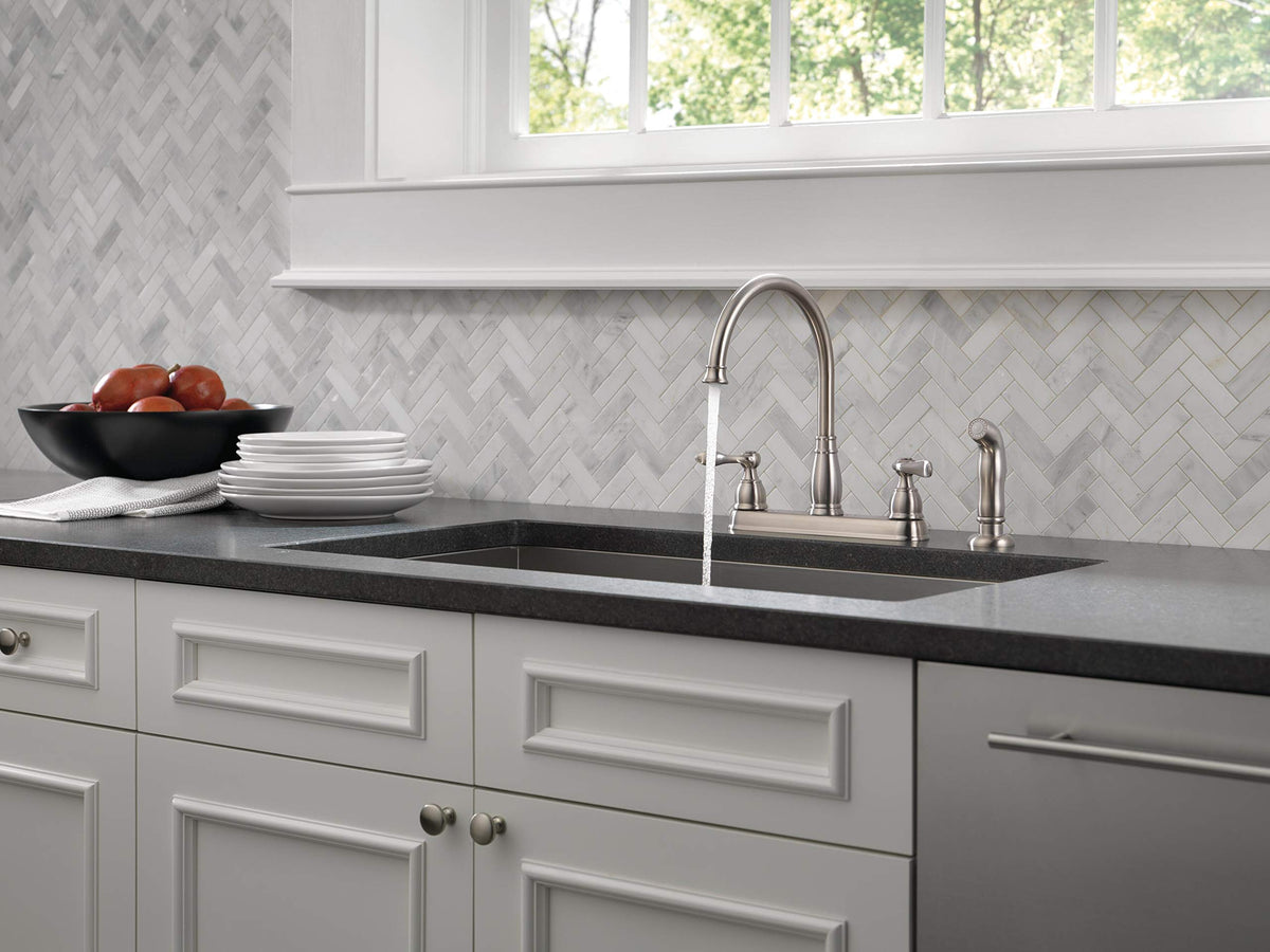 Delta Windemere Brushed Nickel Kitchen Faucet with Side Sprayer, 4-Hole Installation