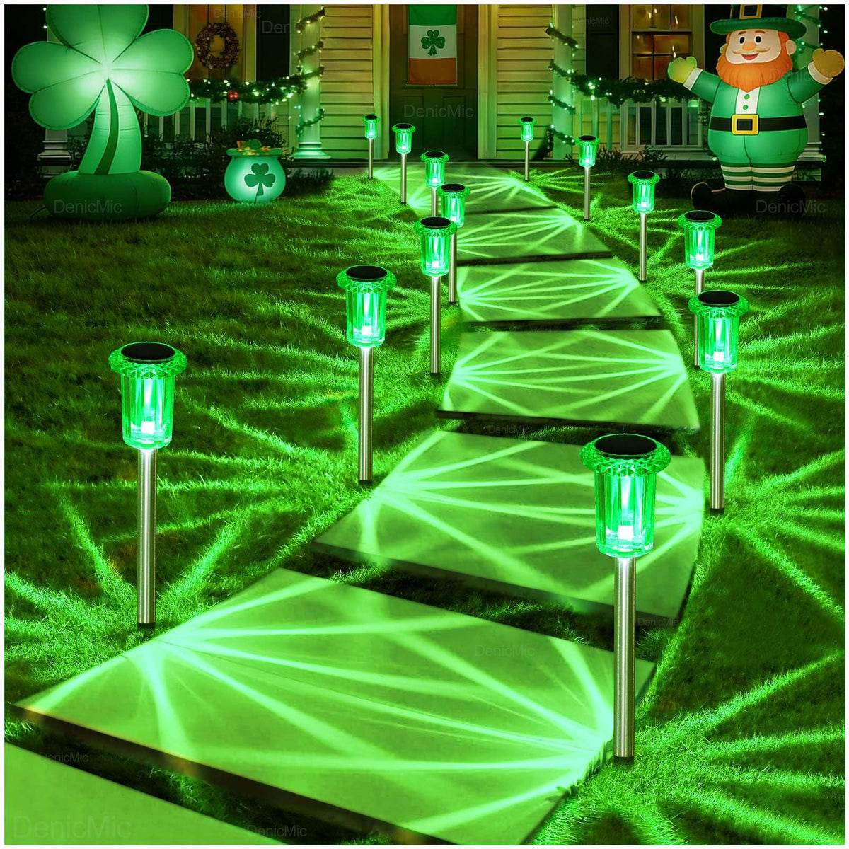 DenicMic Solar Lights Outdoor 10-Pack Green LED Stainless Steel Stakes