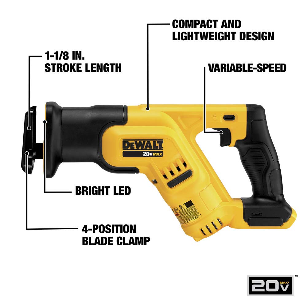 DEWALT 20V MAX Cordless Reciprocating Saw (DCS387B) — Compact, Variable Speed, LED Light, Bare Tool