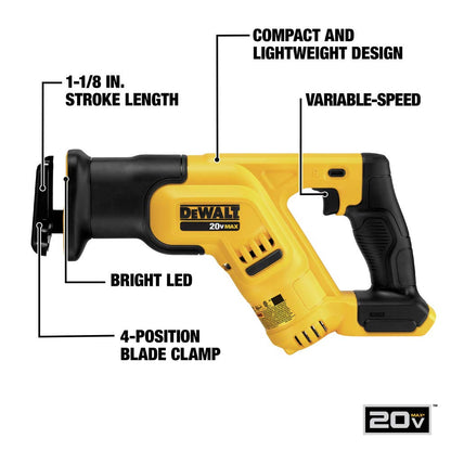DEWALT 20V MAX Cordless Reciprocating Saw (DCS387B) — Compact, Variable Speed, LED Light, Bare Tool