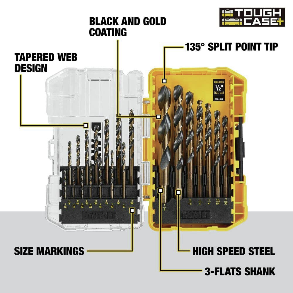 DEWALT Drill Bit Set 21 Pc – Black & Gold Oxide Coated, 135° Split Point (DWA1181)