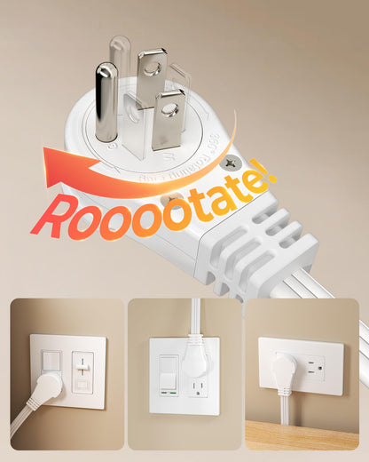 DEWENWILS 6ft 360° Rotating Flat Plug Extension Cord – 3-Outlet, 16AWG, 2-Pack, White