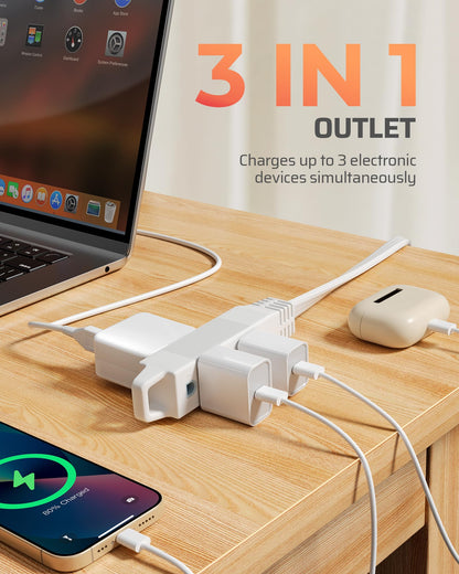 DEWENWILS 6ft 360° Rotating Flat Plug Extension Cord – 3-Outlet, 16AWG, 2-Pack, White