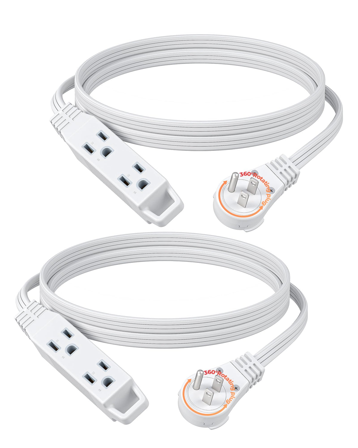 DEWENWILS 6ft 360° Rotating Flat Plug Extension Cord – 3-Outlet, 16AWG, 2-Pack, White