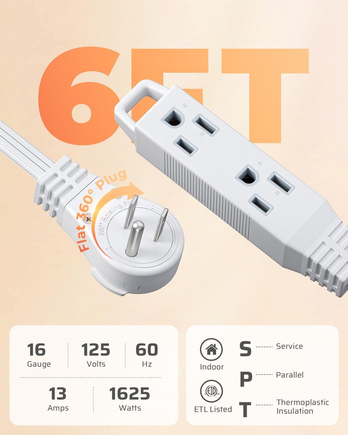 DEWENWILS 6ft 360° Rotating Flat Plug Extension Cord – 3-Outlet, 16AWG, 2-Pack, White