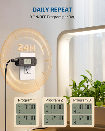 DEWENWILS 24-Hour Programmable Timer Outlet – 2 Pack, 125V/15A, Grounded, Indoor Use