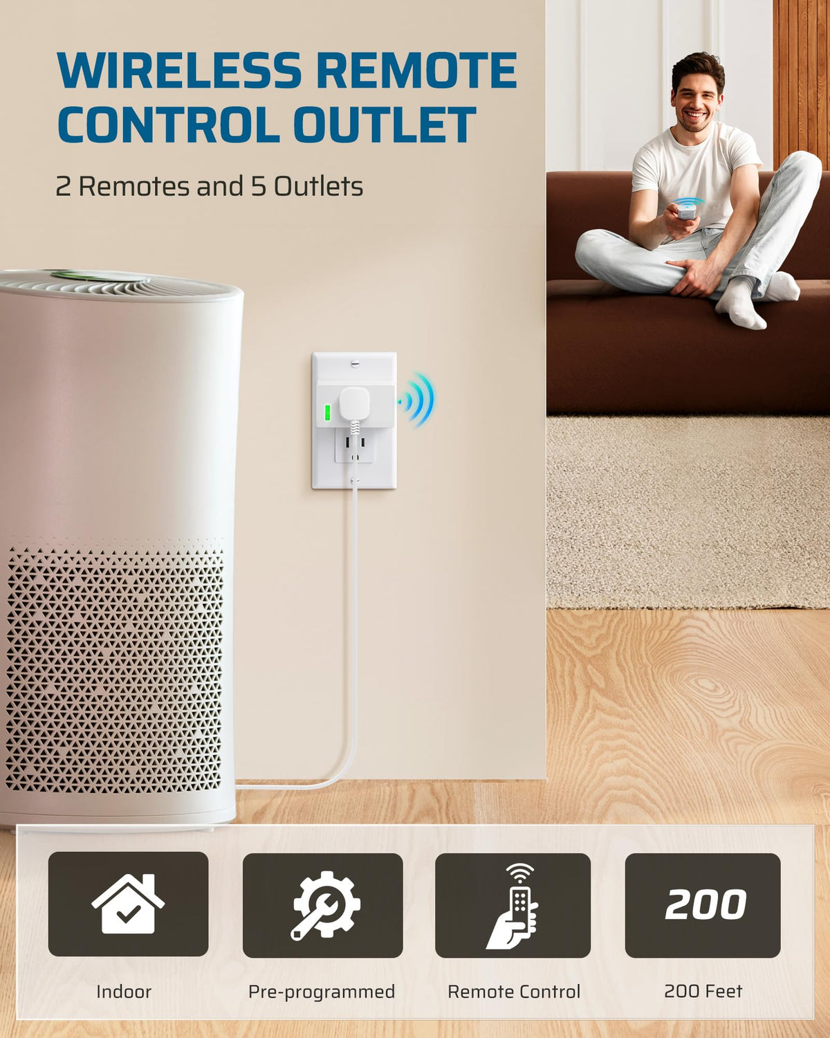DEWENWILS 200FT Range Remote Outlet – 5 Outlets + 2 Remotes