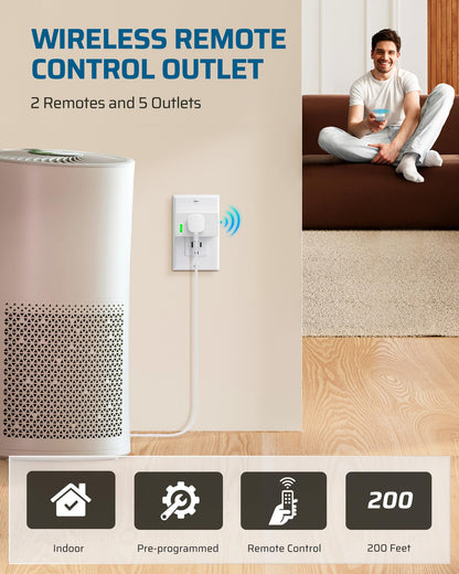 DEWENWILS 200FT Range Remote Outlet – 5 Outlets + 2 Remotes