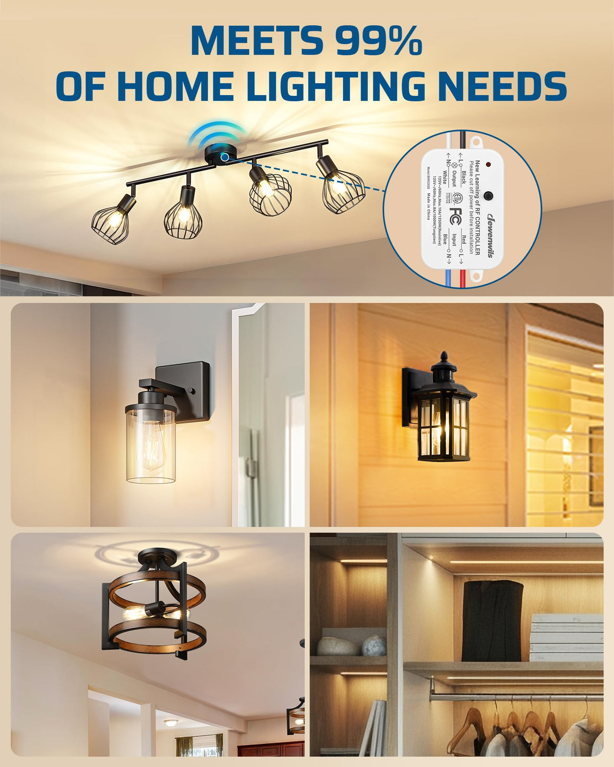 DEWENWILS 3-Way Wireless Light Switch & Receiver Kit — No Wiring, 100ft RF Range