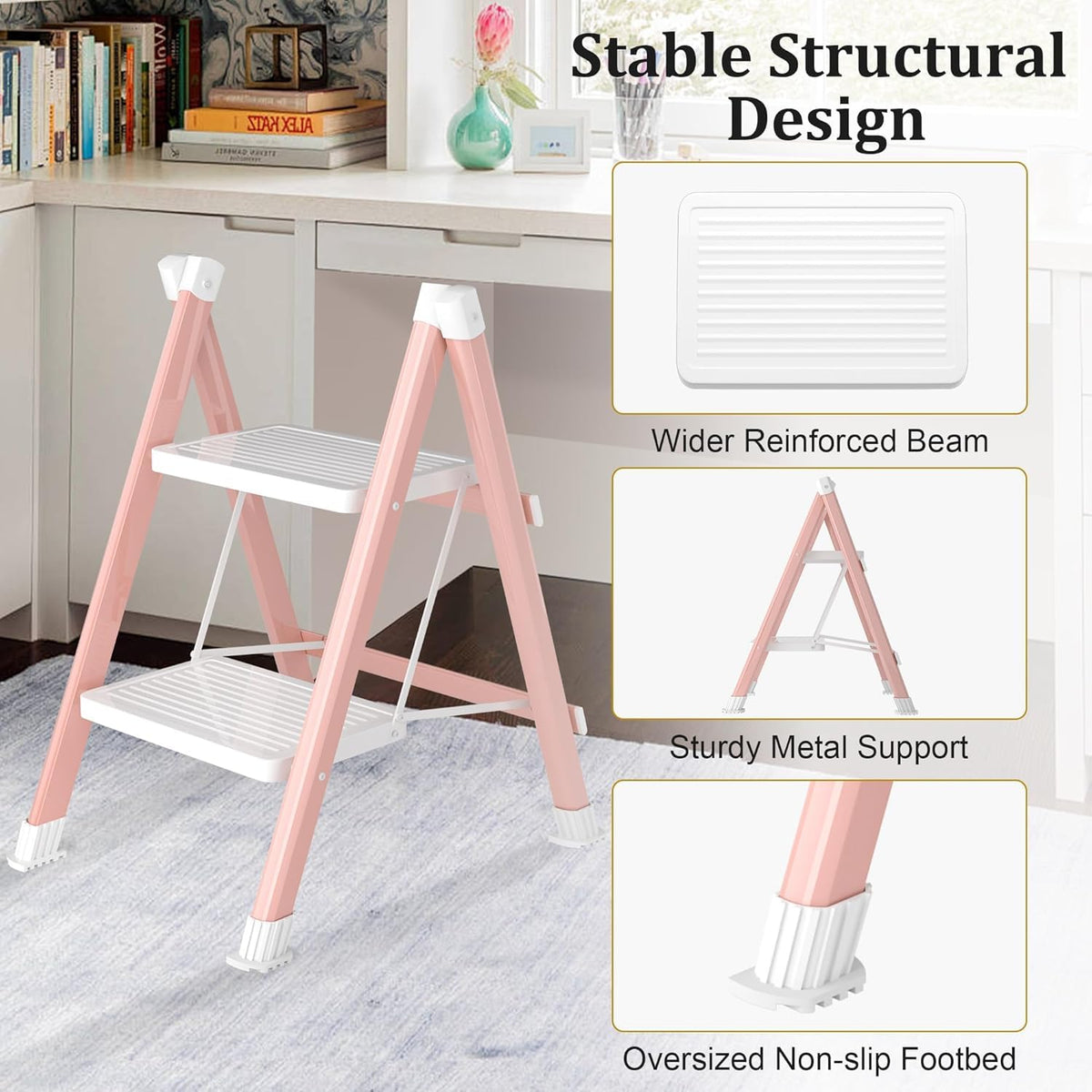 DiamondForge 2-Step Ladder – Folding Stool, 330 Lb Capacity, Pink & White