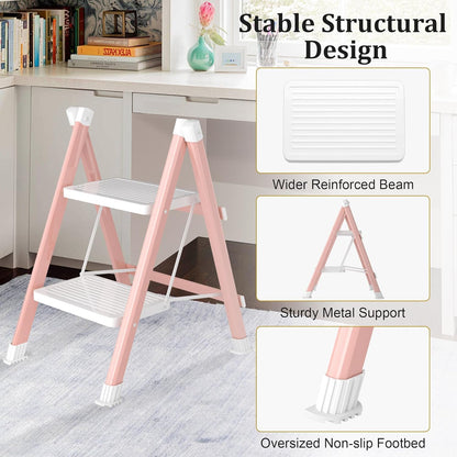 DiamondForge 2-Step Ladder – Folding Stool, 330 Lb Capacity, Pink & White