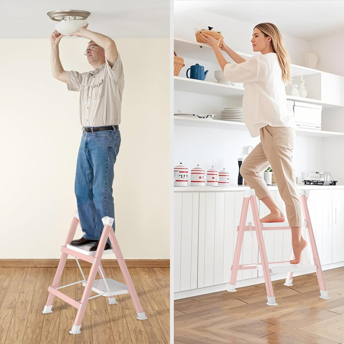 DiamondForge 2-Step Ladder – Folding Stool, 330 Lb Capacity, Pink & White