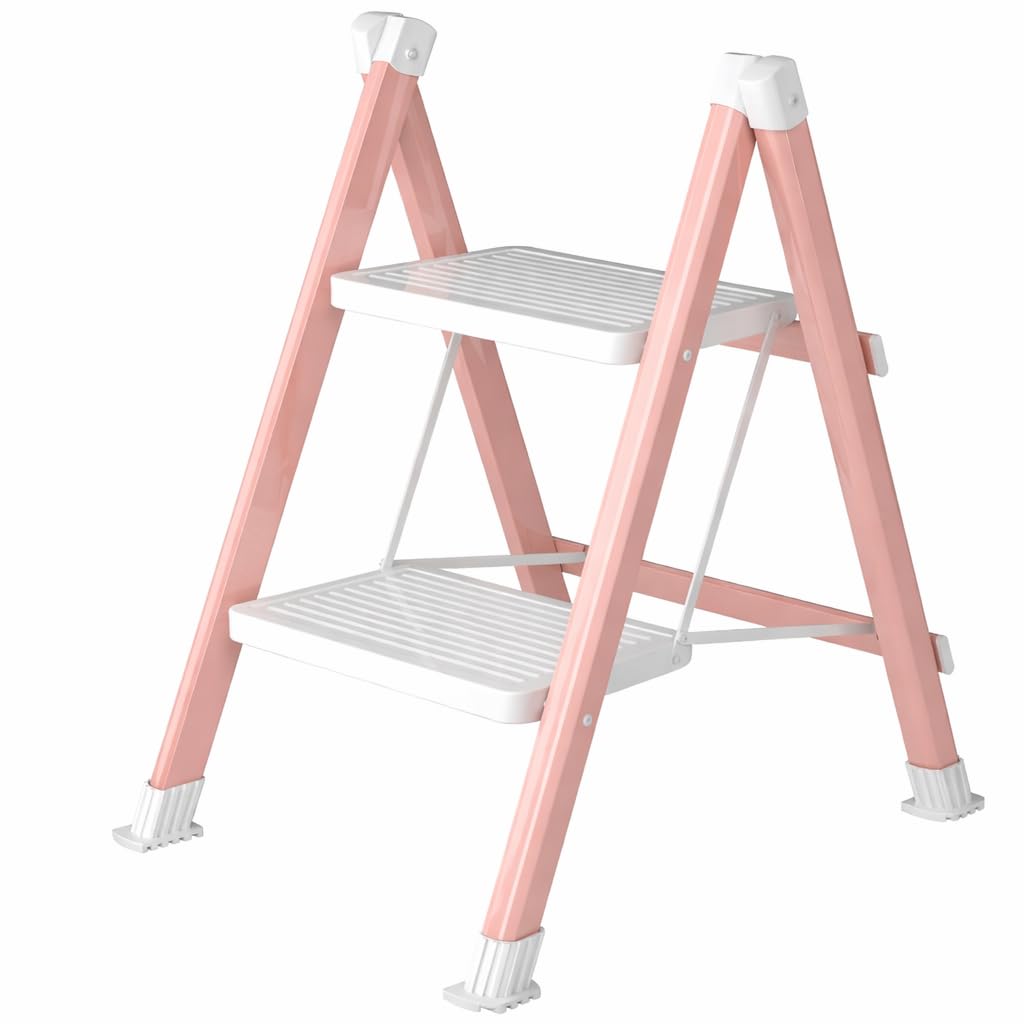 DiamondForge 2-Step Ladder – Folding Stool, 330 Lb Capacity, Pink & White