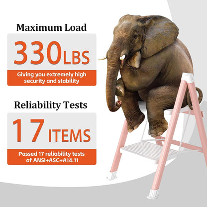 DiamondForge 2-Step Ladder – Folding Stool, 330 Lb Capacity, Pink & White