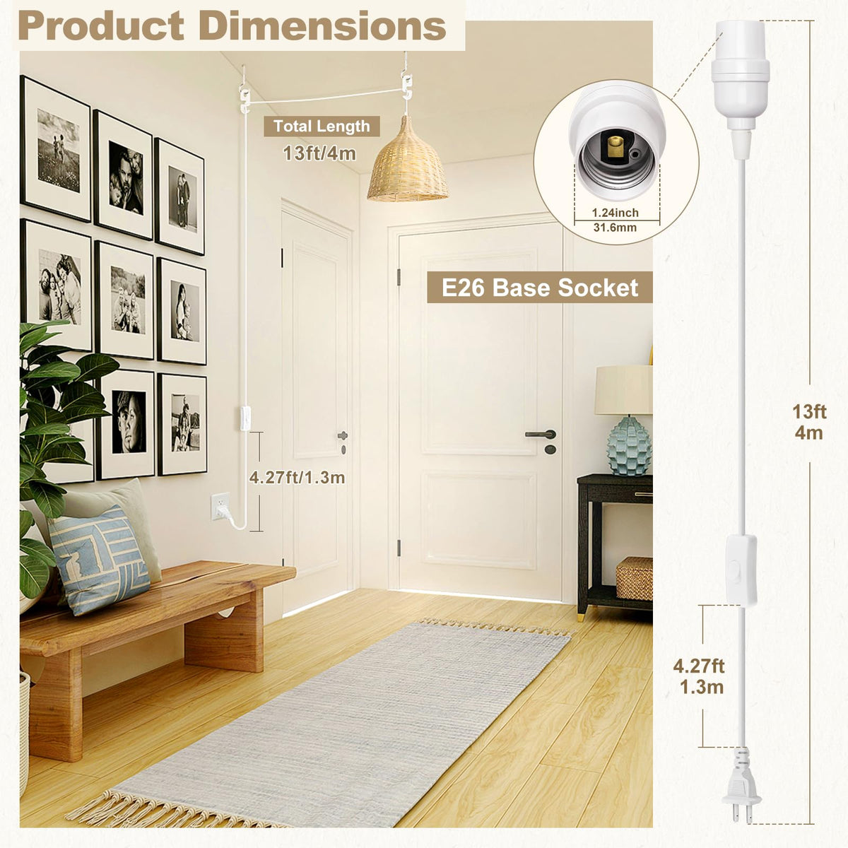 DiCUNO 13ft Hanging Lantern Extension Cord with E26 Socket – 2-Pack