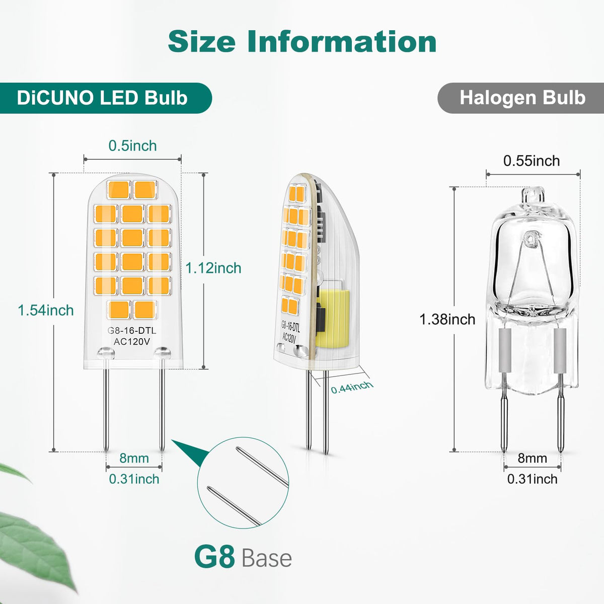 DiCUNO G8 LED Bulb Dimmable – 2W, 2700K, 120V, 10-Pack