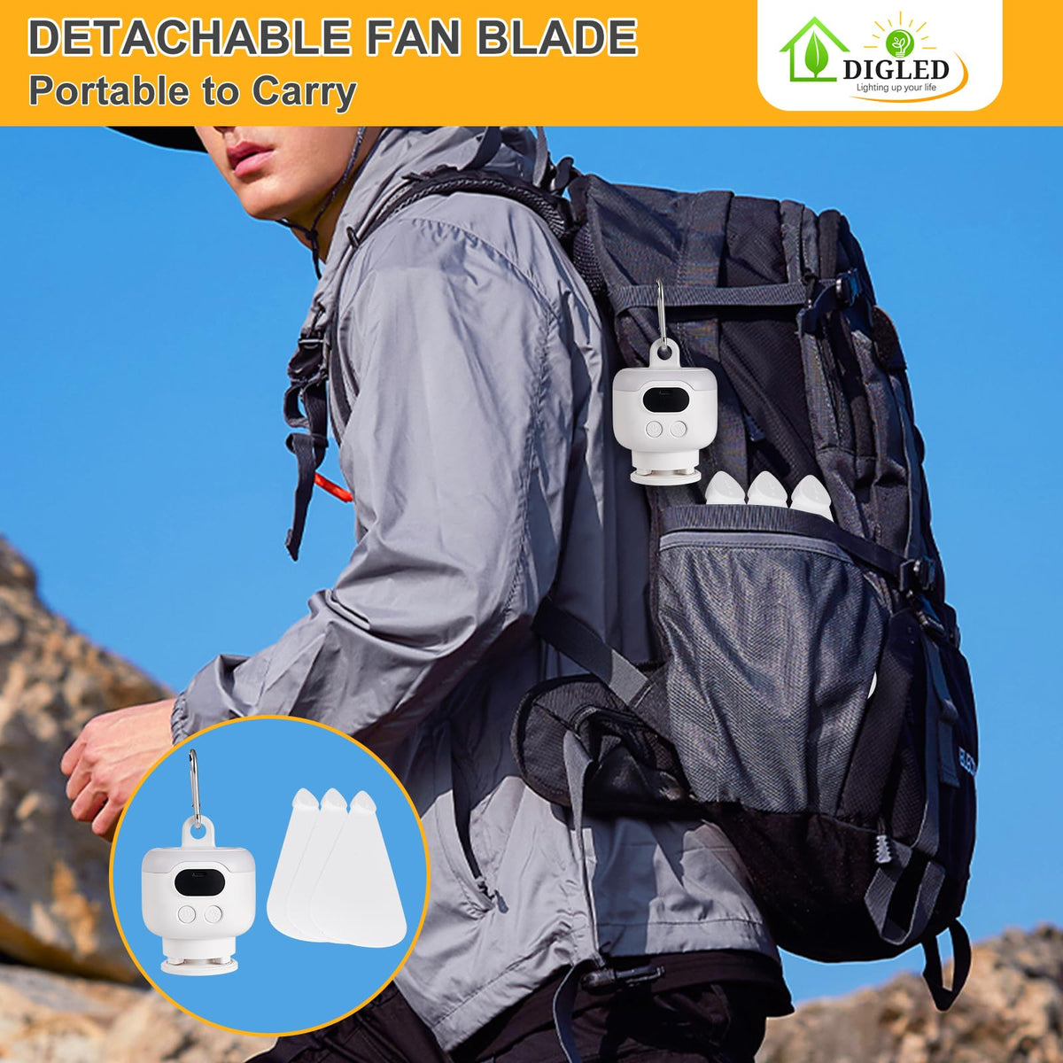 DIGLED 11-Inch Battery-Operated Ceiling Fan with LED Light for Camping