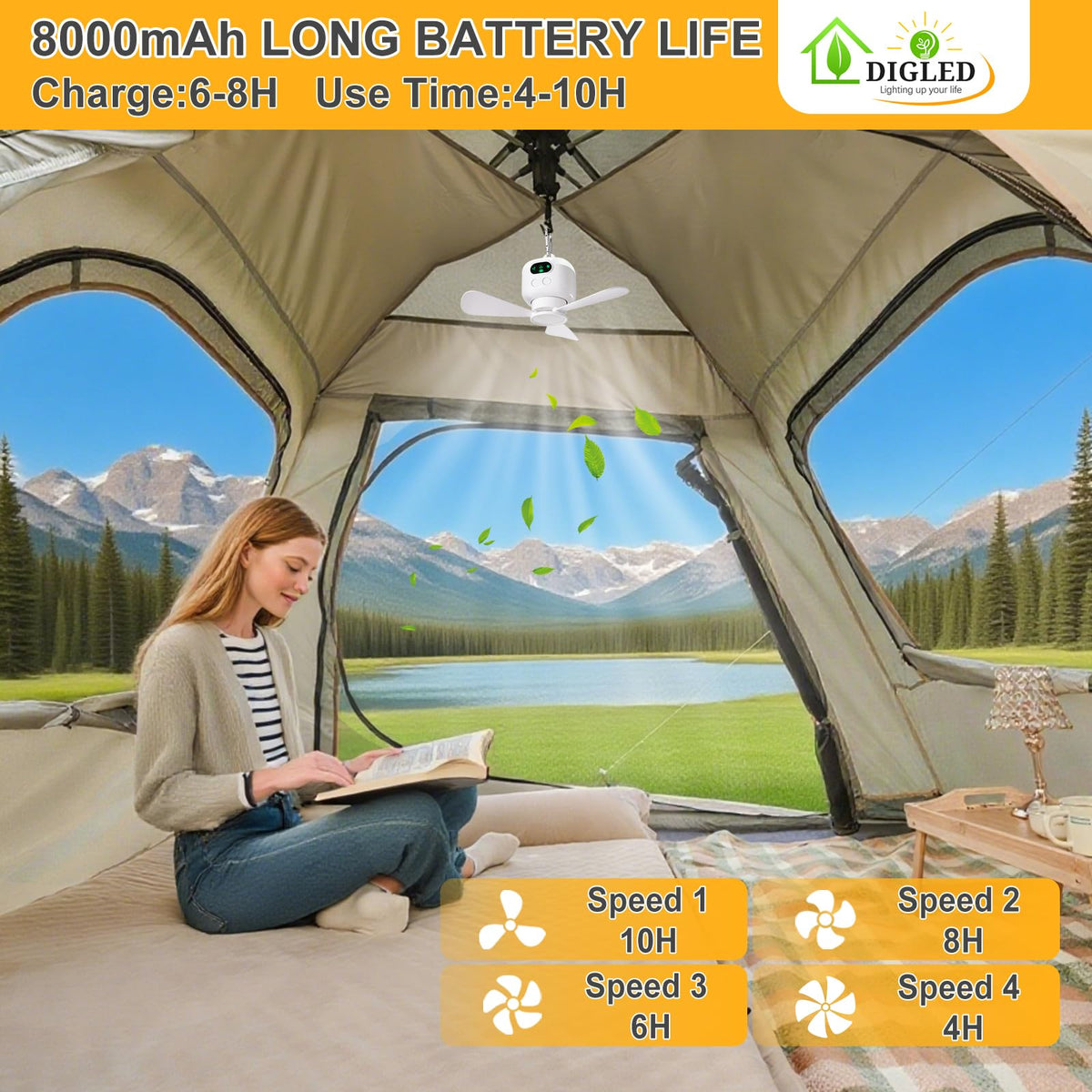 DIGLED 11-Inch Battery-Operated Ceiling Fan with LED Light for Camping