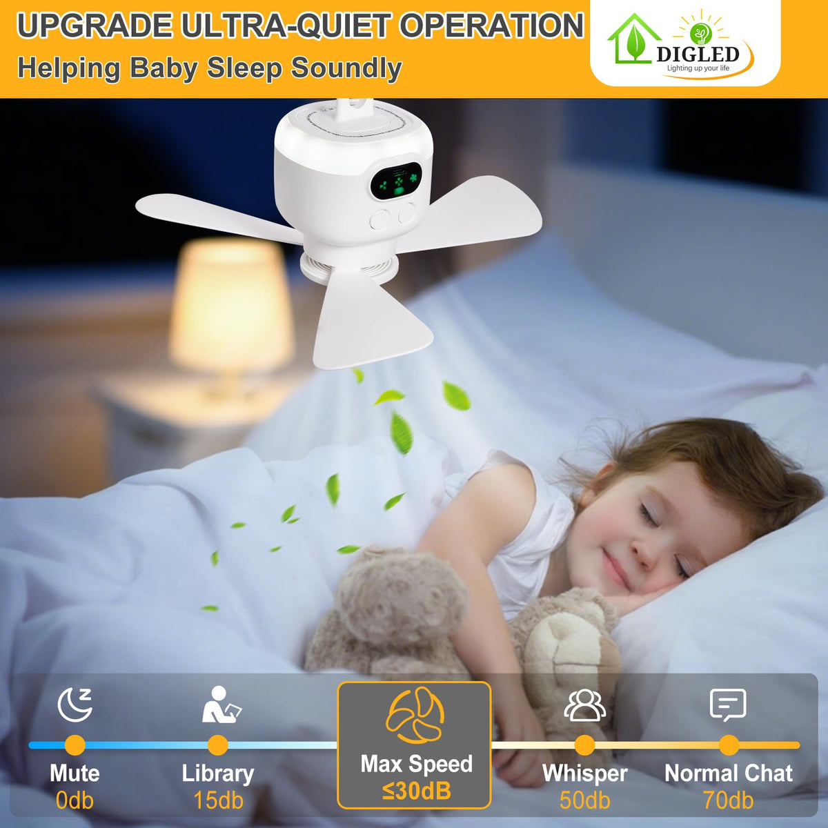 DIGLED 11-Inch Battery-Operated Ceiling Fan with LED Light for Camping