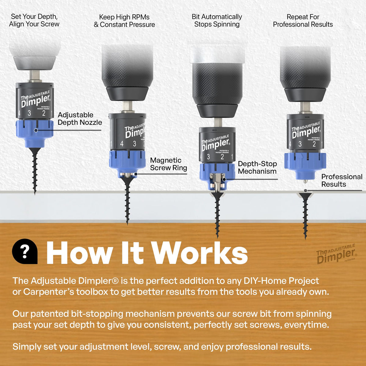 DIMPLER Adjustable Drywall Bit & Screw Gun Attachment | Convert Drill to Screw Gun