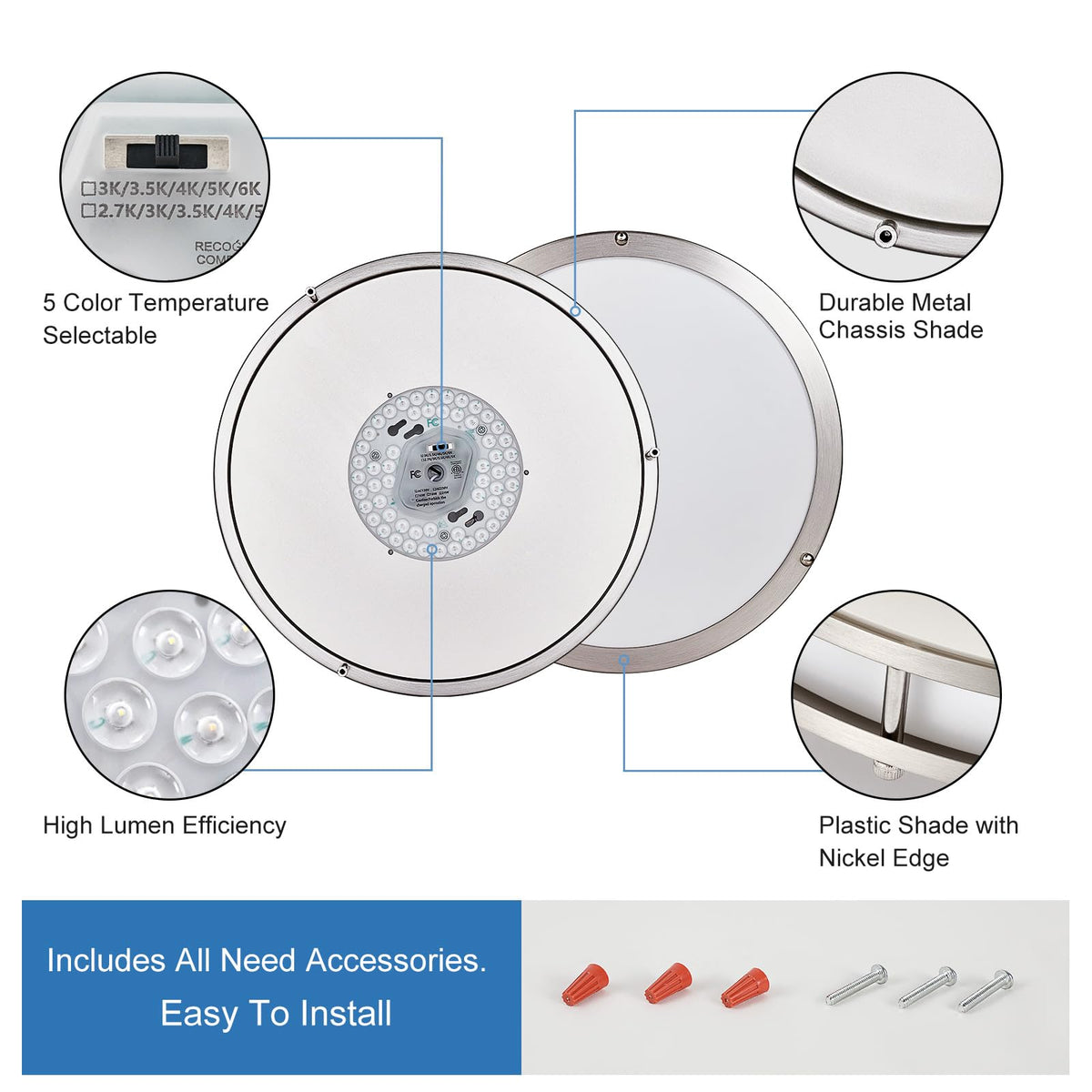 DLLT Flush Mount LED Ceiling Light — 13 Inch, 5CCT, Dimmable, Brushed Nickel