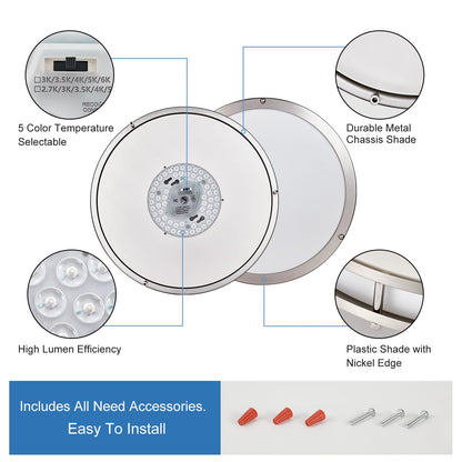 DLLT Flush Mount LED Ceiling Light — 13 Inch, 5CCT, Dimmable, Brushed Nickel