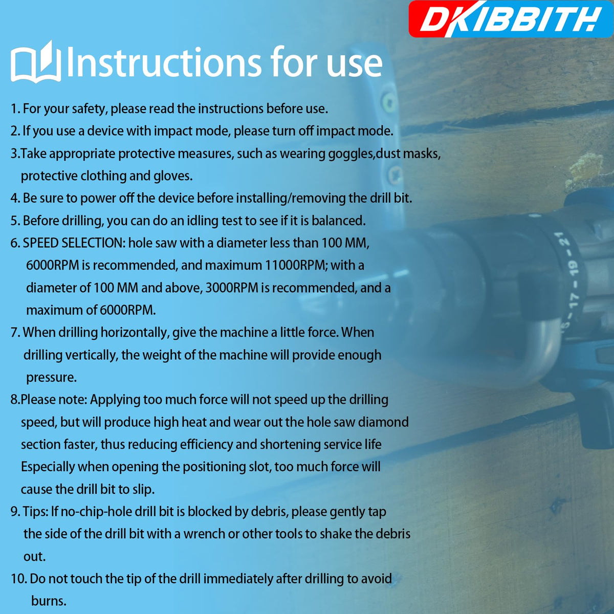 DKIBBITH 10pc Dry Diamond Core Drill Bits Set for Tile – Integrated Coolant