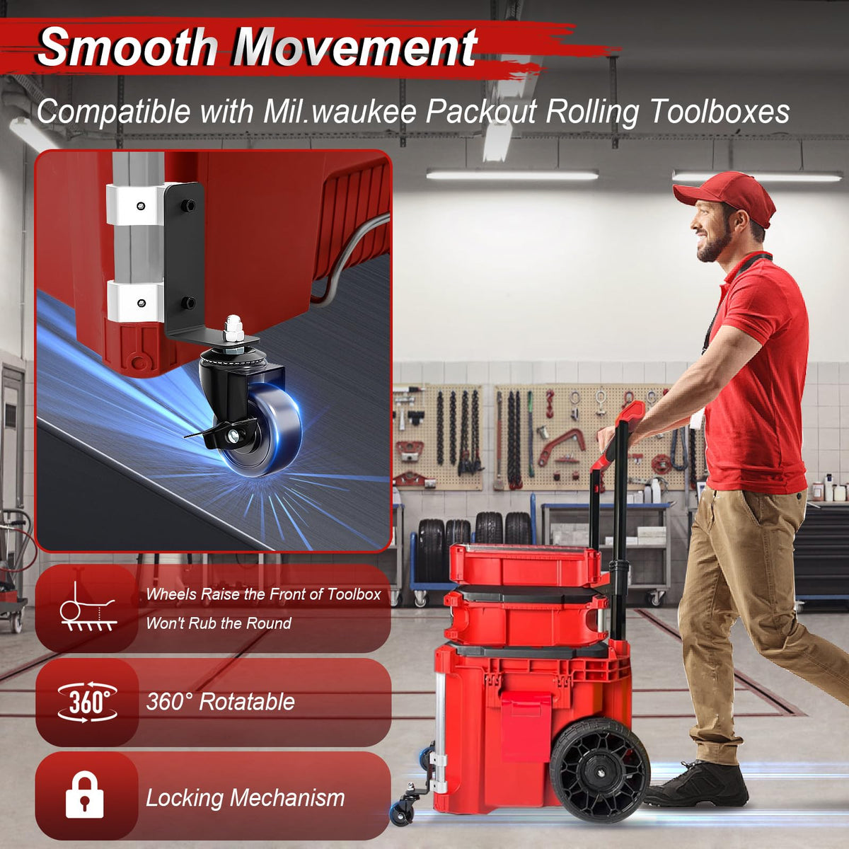 DNShorix Packout Wheels for Milwaukee-Style Tool Boxes — 360° Dual Front Wheels, 200 lb Capacity