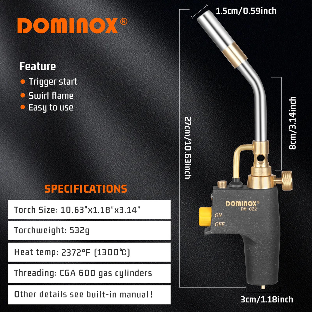 DOMINOX Propane Torch Head — High-Intensity Trigger Start Gas Torch Kit