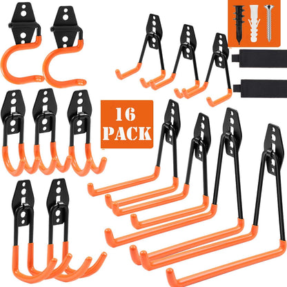 Dorisy 16-Pack Garage Hooks Heavy Duty — 100 LBS Capacity, Wall-Mount Organization System (Orange)