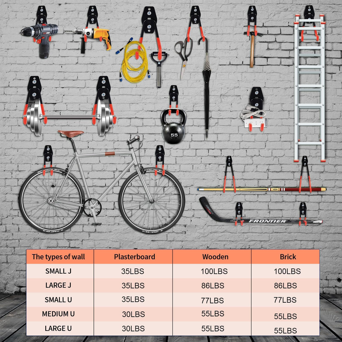 Dorisy 16-Pack Garage Hooks Heavy Duty — 100 LBS Capacity, Wall-Mount Organization System (Orange)