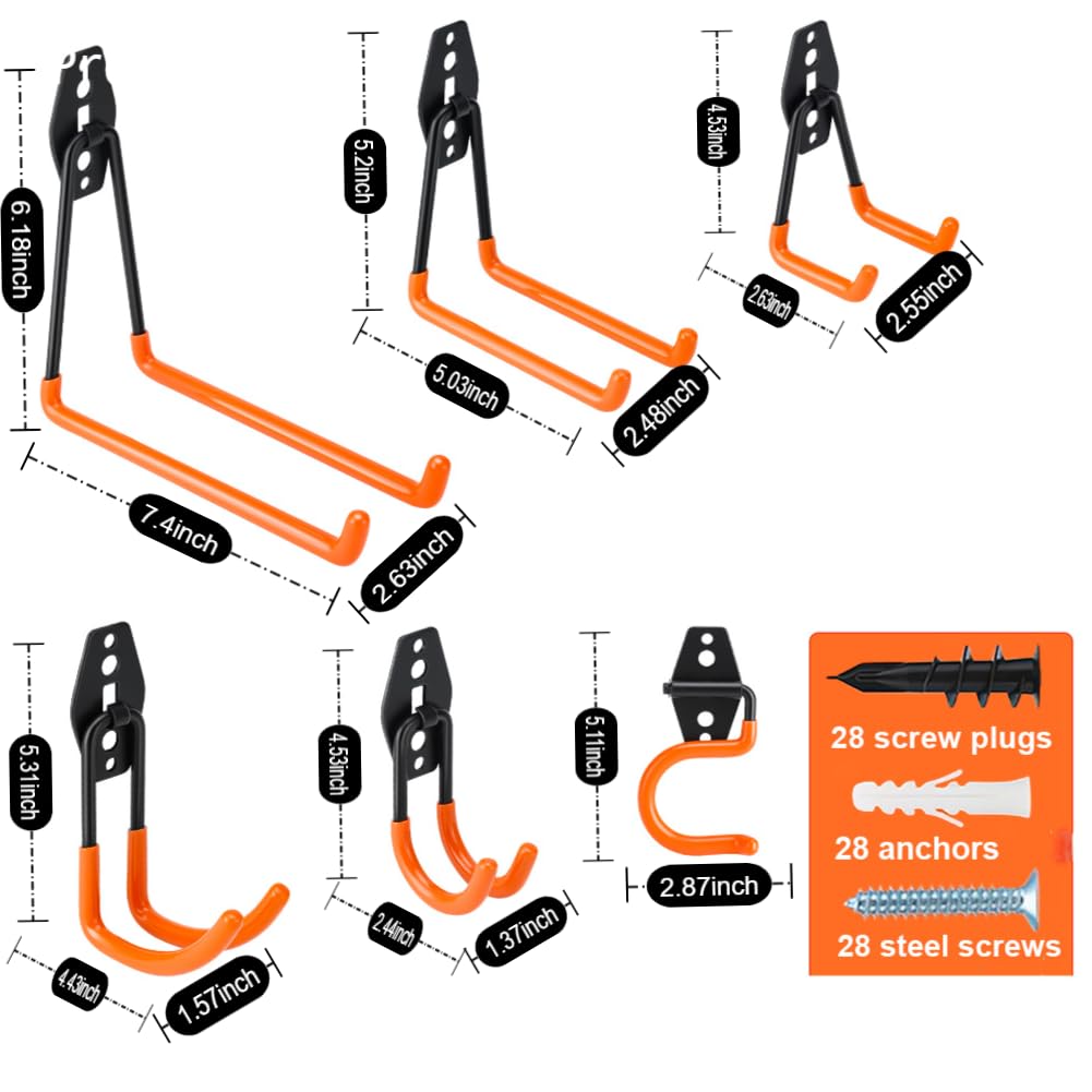 Dorisy 16-Pack Garage Hooks Heavy Duty — 100 LBS Capacity, Wall-Mount Organization System (Orange)