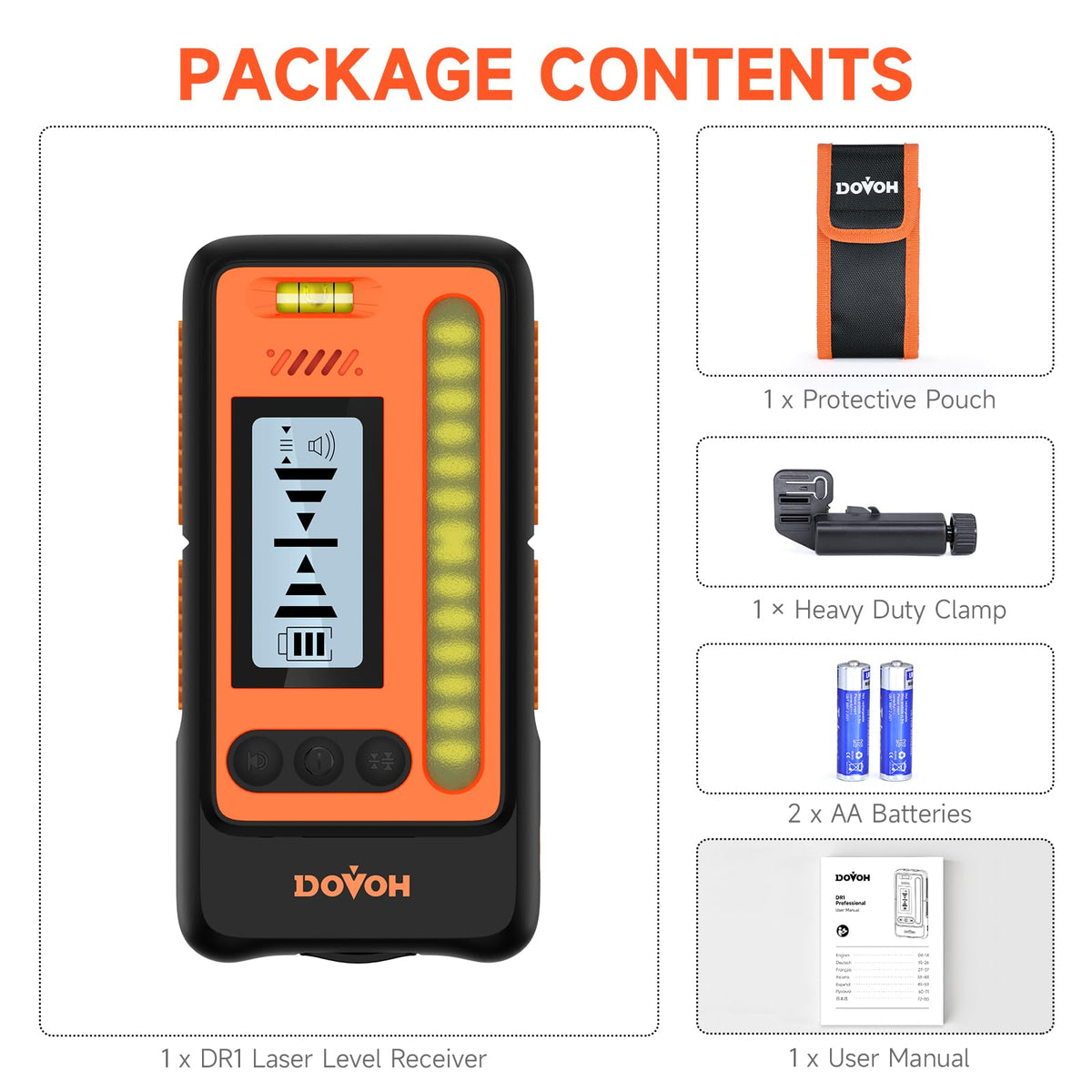 DOVOH DR1 High Accuracy Laser Level Receiver — Dual LCD, 197ft Sunlight Readouts, IP54