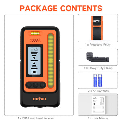 DOVOH DR1 High Accuracy Laser Level Receiver — Dual LCD, 197ft Sunlight Readouts, IP54