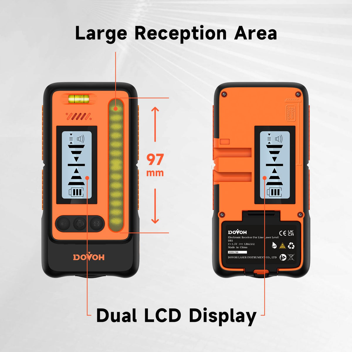 DOVOH DR1 High Accuracy Laser Level Receiver — Dual LCD, 197ft Sunlight Readouts, IP54