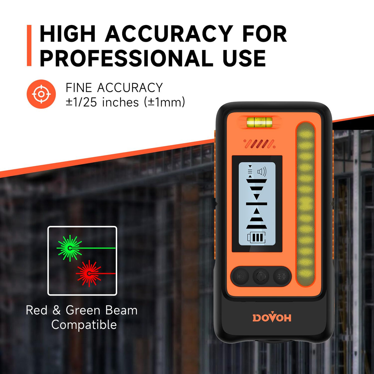 DOVOH DR1 High Accuracy Laser Level Receiver — Dual LCD, 197ft Sunlight Readouts, IP54