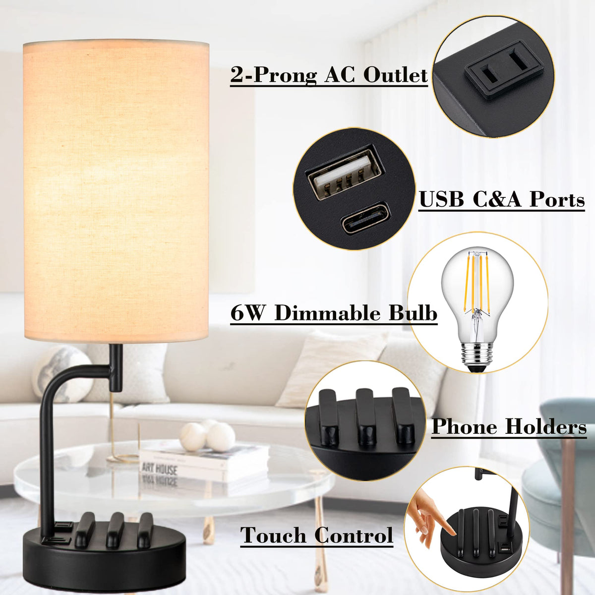Dreamholder Touch Control USB Table Lamp — 3-Way Dimmable Bedside Lamp with USB-C, USB-A & AC Outlet