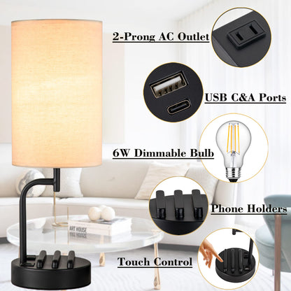 Dreamholder Touch Control USB Table Lamp — 3-Way Dimmable Bedside Lamp with USB-C, USB-A & AC Outlet