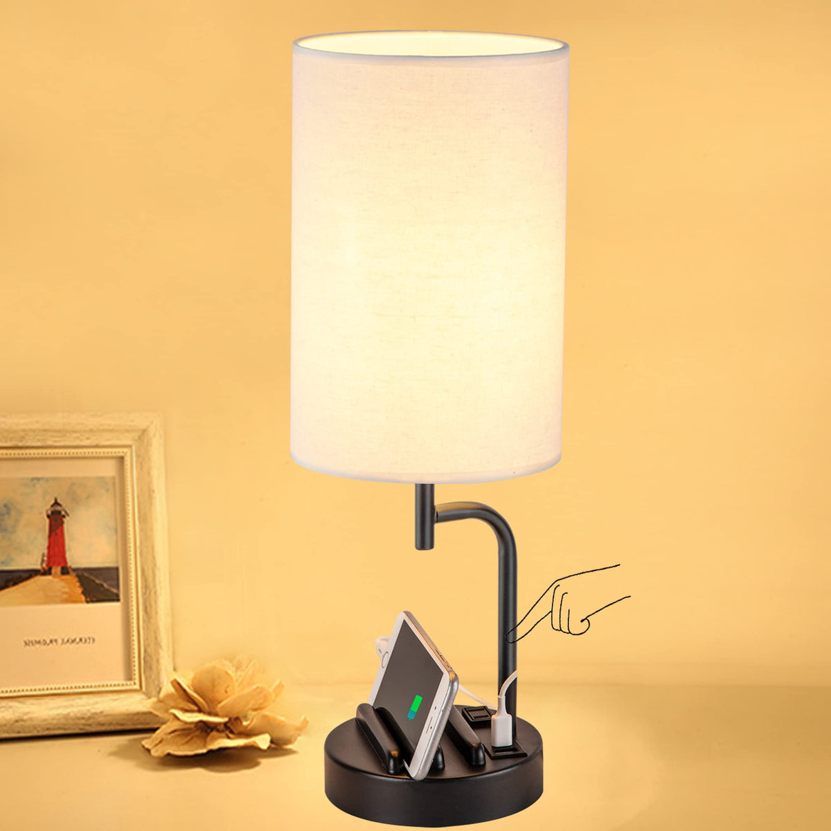 Dreamholder Touch Control USB Table Lamp — 3-Way Dimmable Bedside Lamp with USB-C, USB-A & AC Outlet