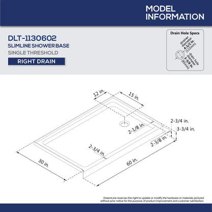 DreamLine SlimLine 32 in. D x 60 in. W Left Drain Single Threshold Shower Base – White | DLT-1132601
