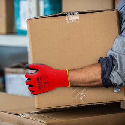 DULFINE Safety Work Gloves PU Coated – 12 Pairs, Red Seamless Knit, Touchscreen Ready (Large)
